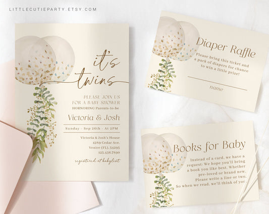 Editable Twins Baby Shower Invitation, Twin Gender Reveal Invitation, Balloon Baby Shower Invitation Set for Balloon Party TWINBS001