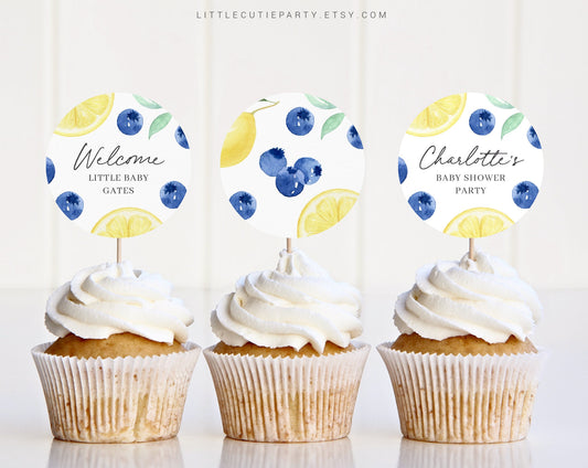 Editable Blueberry Lemon Cupcake Toppers, Blueberry Lemon Cake Topper for Party Decorations BLEMBS001