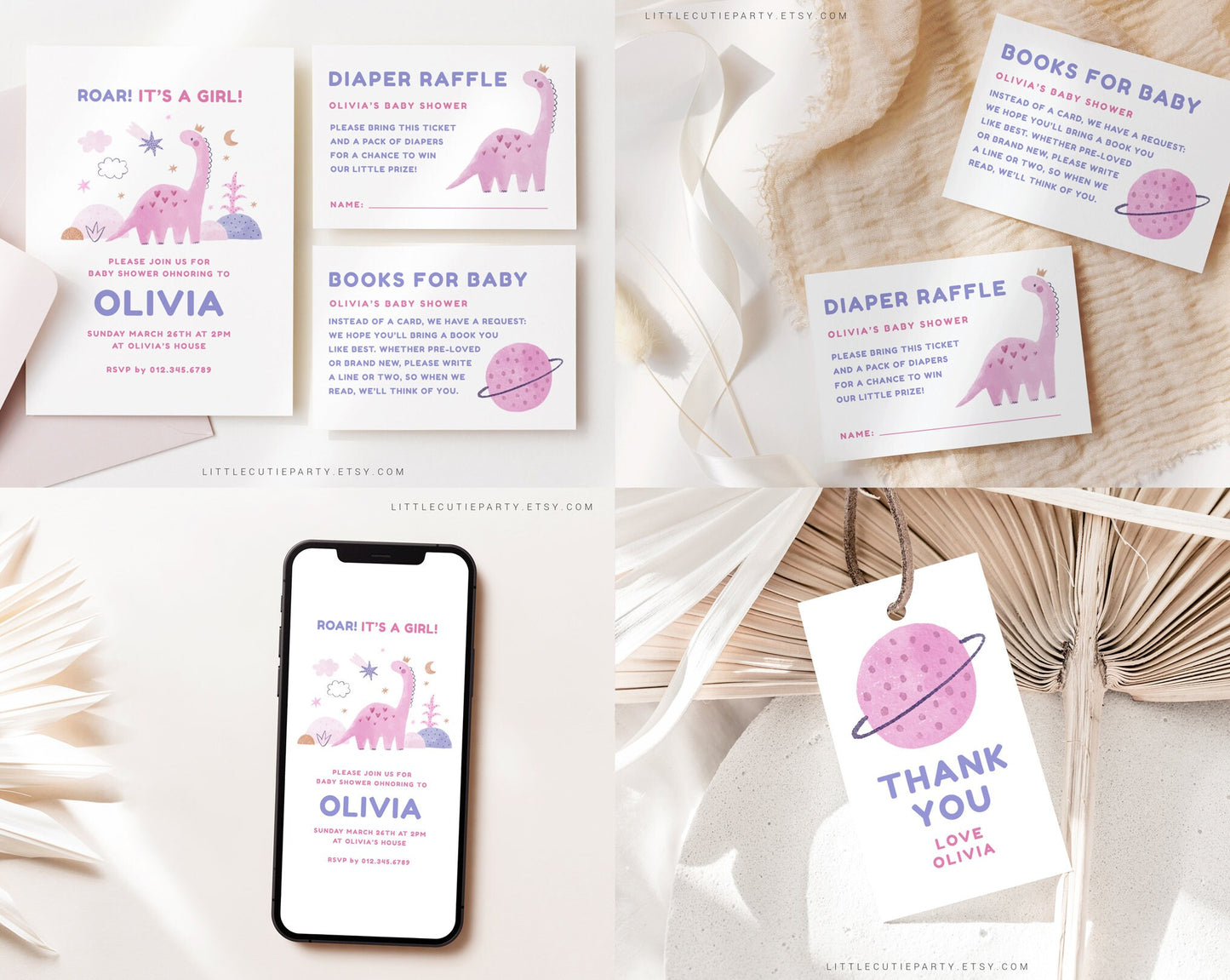 Editable Baby Girl Dinosaur Baby Shower Bundle, Pink Dinosaur Baby Shower Invitation with Games Bundle and All Decorations DINOGBS001