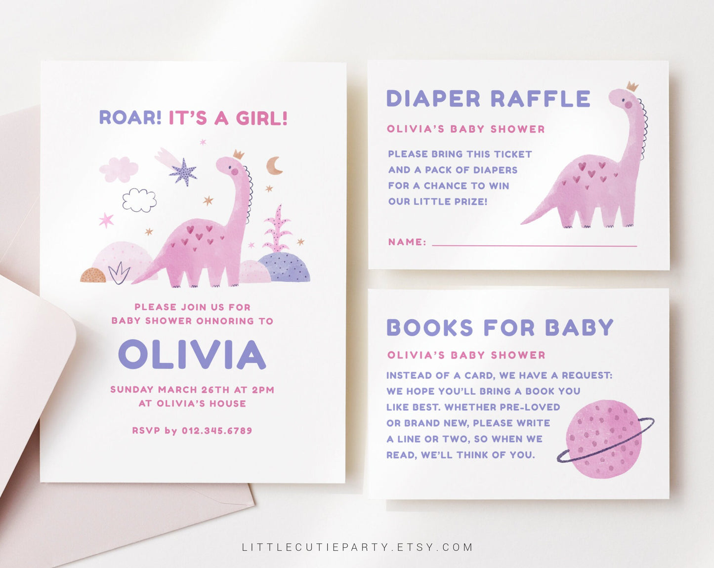 Editable Girl Dinosaur Baby Shower, Girl Dinosaur Shower, Pink Dinosaur Invite with Diaper Raffle, Books for Baby and Gift Tag DINOGBS001