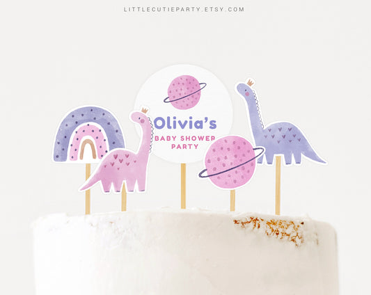 Editable Baby Girl Dinosaur Cake Toppers, Dino Baby Girl Cupcake Topper for Dinosaur Baby Shower Decor DINOGBS001