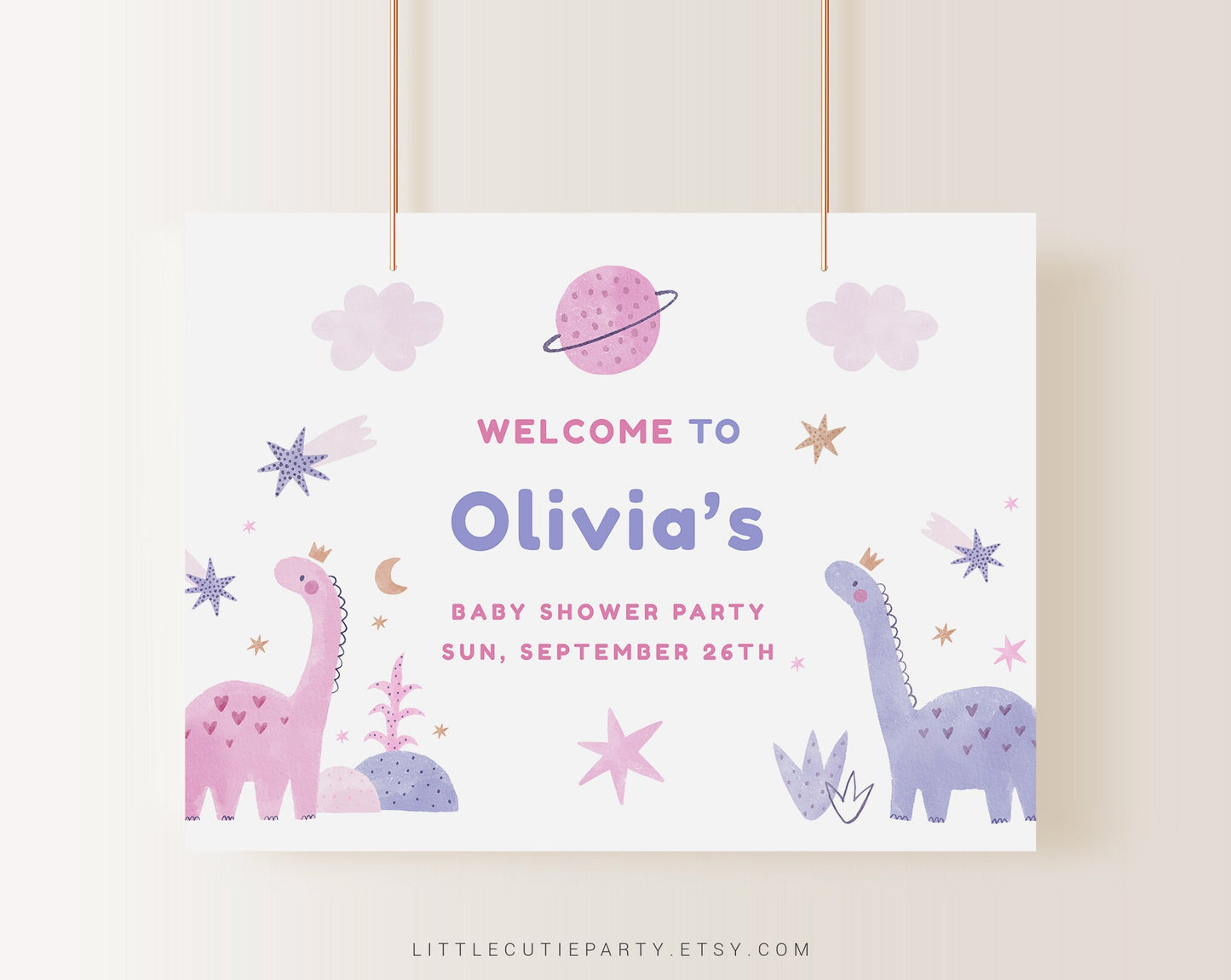 Editable Pink Dinosaur Baby Shower Banner, Girl Dinosaur Backdrop, Vinyl Banner for Baby Shower Party DINOGBS001