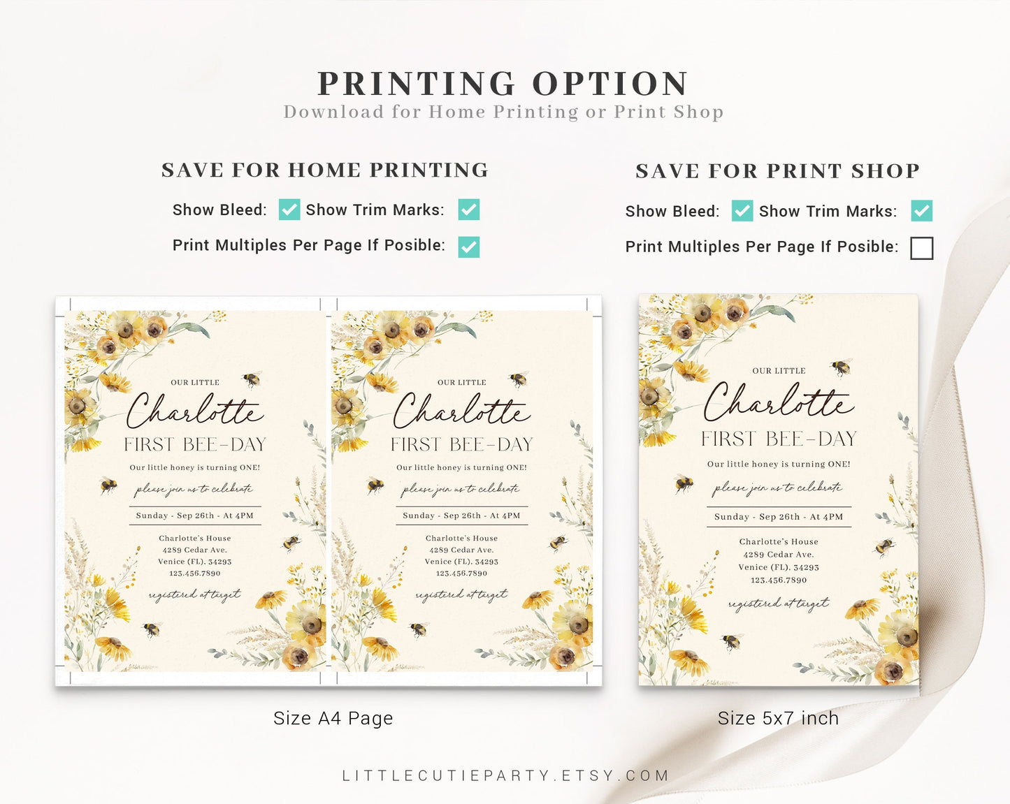 Editable Bee First Birthday Invitation, First Bee Day Invitations, Bee Birthday Invitations with Bee Favor Gift Tag BEEBD001