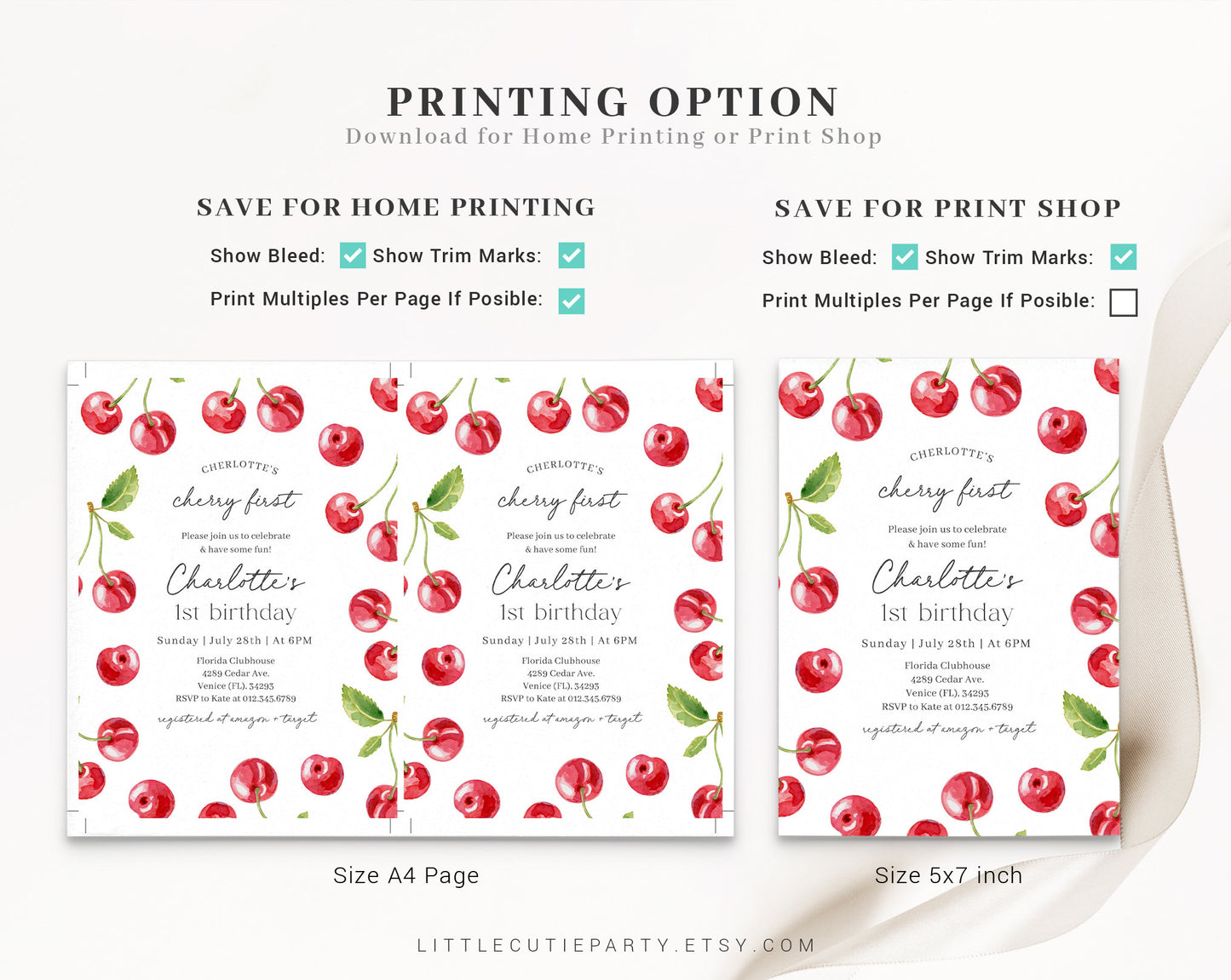 Editable Cherry First Birthday Invitation, Cherry Birthday Invitation, Sweet as Cherry Pie with Tag Favor CHERBD001