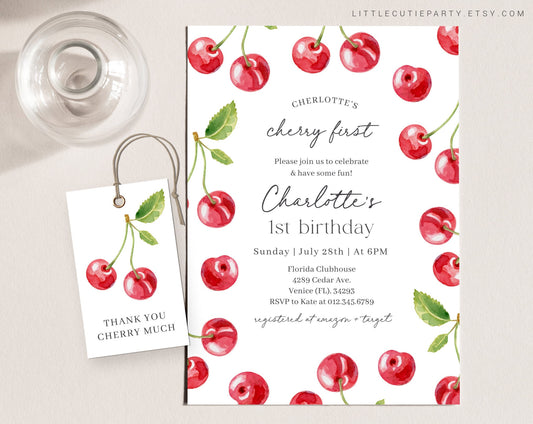 Editable Cherry First Birthday Invitation, Cherry Birthday Invitation, Sweet as Cherry Pie with Tag Favor CHERBD001