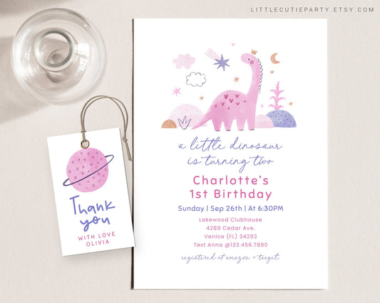 Editable Girl Dinosaur Birthday Invitation, Pink Dinosaur Birthday Invitation, Dinosaur Girl Birthday Invitation with Gift Tag DINOBD001