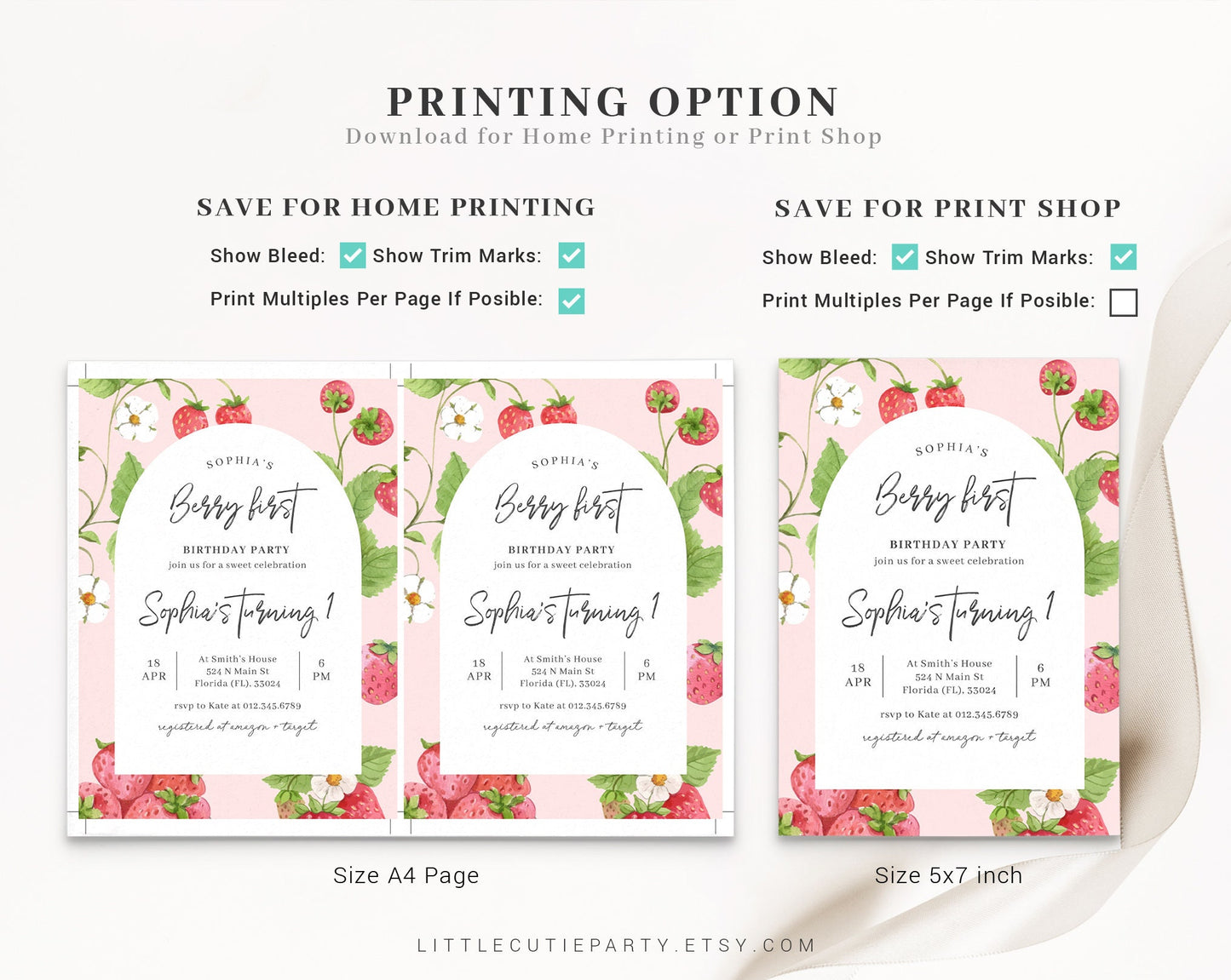 Editable Berry First Birthday Invitation, Strawberry Birthday Invitation, Girl 1st Birthday Invitation with Berry Gift Tags STRWBD001