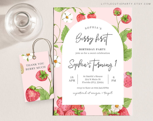 Editable Berry First Birthday Invitation, Strawberry Birthday Invitation, Girl 1st Birthday Invitation with Berry Gift Tags STRWBD001