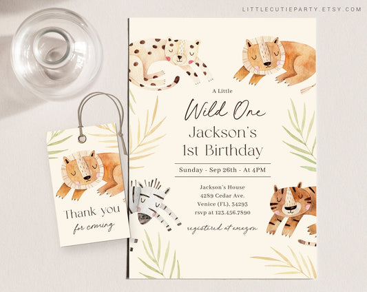 Editable Wild One Birthday Boy Invitation, Safari Birthday Invitation, Wild One First Birthday Invitation with Gift Tag WILDBD001
