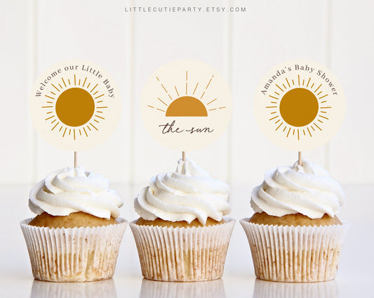 Editable Boho Sun Cake Toppers, Sunshine Cupcake Topper for Baby Shower Party SUNBS001