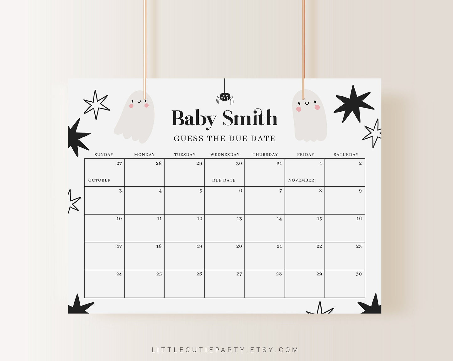 Editable Little Boo Baby Shower Games, Due Date Calendar Game, Baby Shower Due Date Calendar for Halloween Party HAWBS002