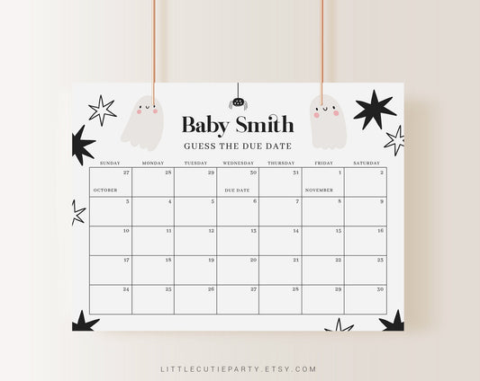 Editable Little Boo Baby Shower Games, Due Date Calendar Game, Baby Shower Due Date Calendar for Halloween Party HAWBS002