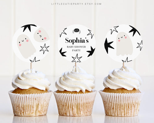 Editable Halloween Baby Shower Cake Topper, Baby Shower Cake Topper, Cupcake Toppers Decorations for Halloween Theme Party HAWBS002