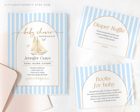 Editable Sailboat Invitation, Nautical Baby Shower Invite with Diaper Raffle, Books for Baby and Gift Tag, Blue Nautical Theme NAUBS002