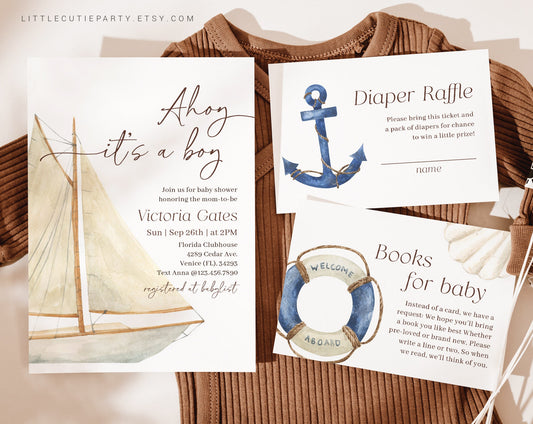 Editable Ahoy Its a Boy Baby Shower Invitation, Nautical Baby Shower Invite with Diaper Raffle, Books for Baby and Gift Tag NAUBS001