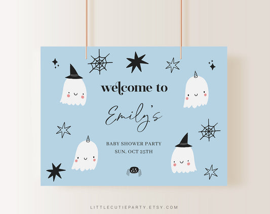 Editable Halloween Baby Shower Sign, Little Boo is Almost Due Decorations Vinyl Banner HAWBS003