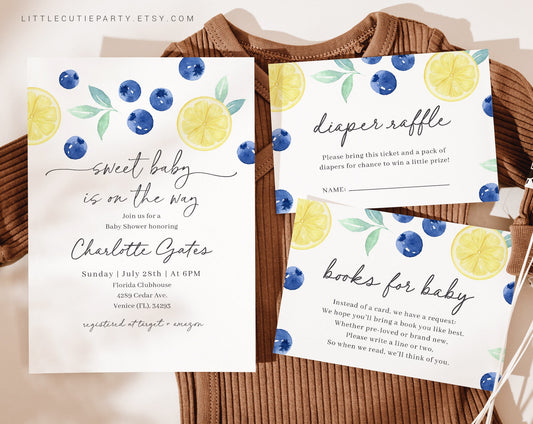 Editable Blueberry Lemon Baby Shower Invitation, Berry Sweet Baby Shower with Diaper Raffle, Books for Baby and Gift Tag BLEMBS001