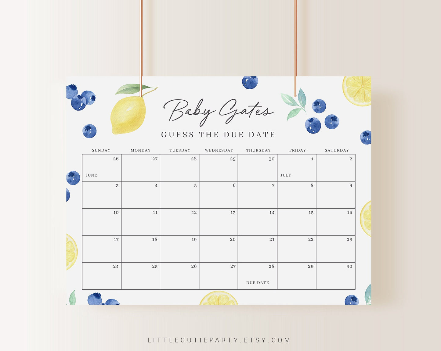 Editable Blueberry Lemon Baby Shower Due Date, Blueberry and Lemon Baby Calendar Game, Due Date Calendar BLEMBS001