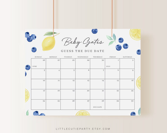 Editable Blueberry Lemon Baby Shower Due Date, Blueberry and Lemon Baby Calendar Game, Due Date Calendar BLEMBS001