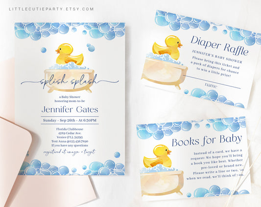 Editable Rubber Duck Shower Invitation, RubberDuck, Duckling baby shower with Diaper Raffle, Books for Baby and Gift Tag RUBBS002