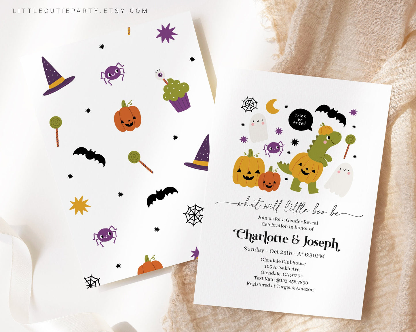 Editable Halloween Gender Reveal Invitation, Dinosaur Halloween, Little Boo, He Or She, Boy Or Girl, Oh Baby Halloween HLWGR002