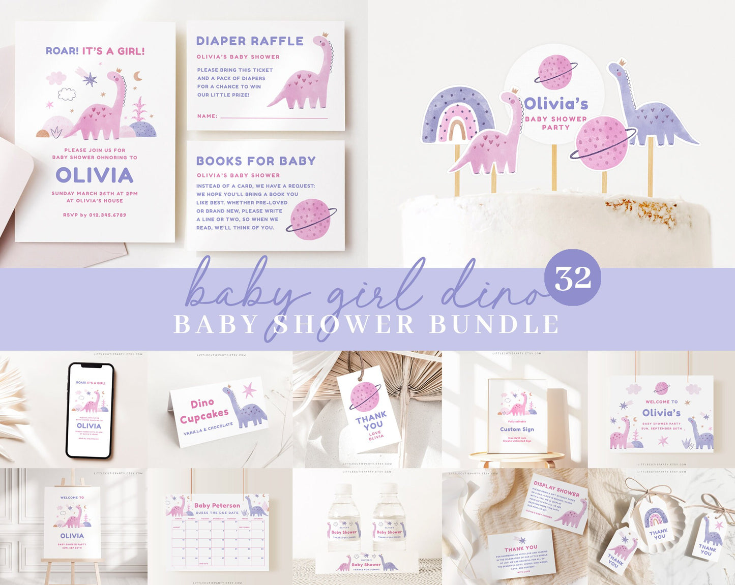 Editable Baby Girl Dinosaur Baby Shower Bundle, Pink Dinosaur Baby Shower Invitation with Games Bundle and All Decorations DINOGBS001