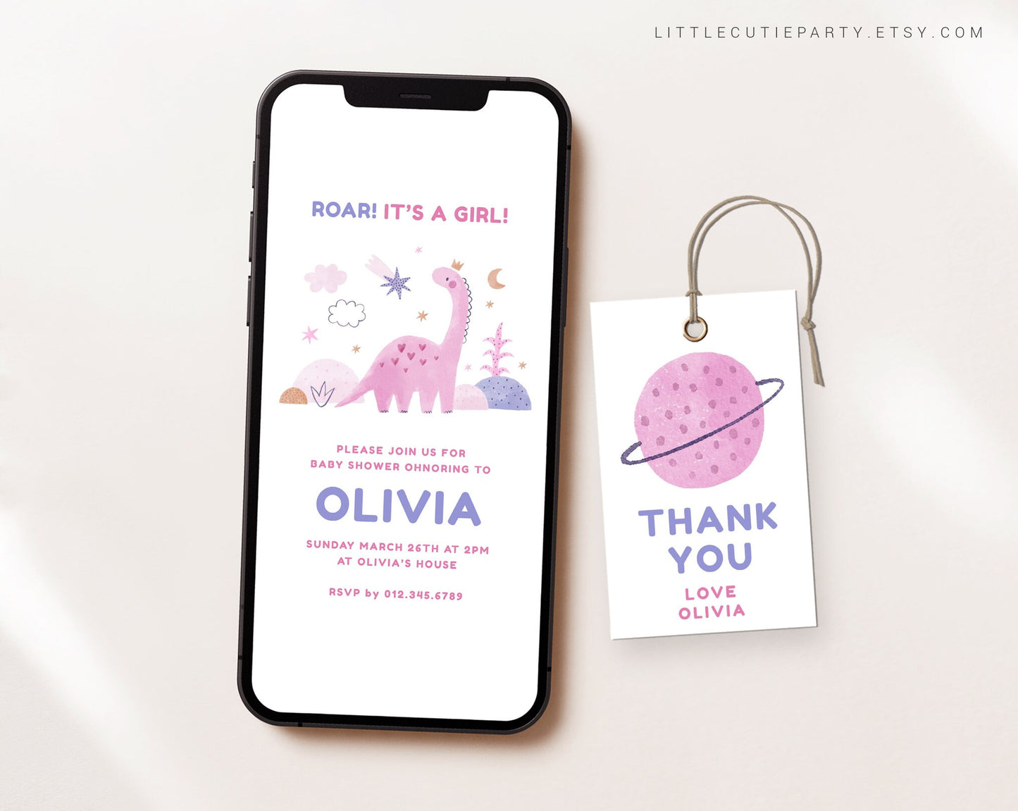Editable Girl Dinosaur Invite, Baby Girl Dinosaur Baby Shower Invitation, Electronic Invite DINOGBS001
