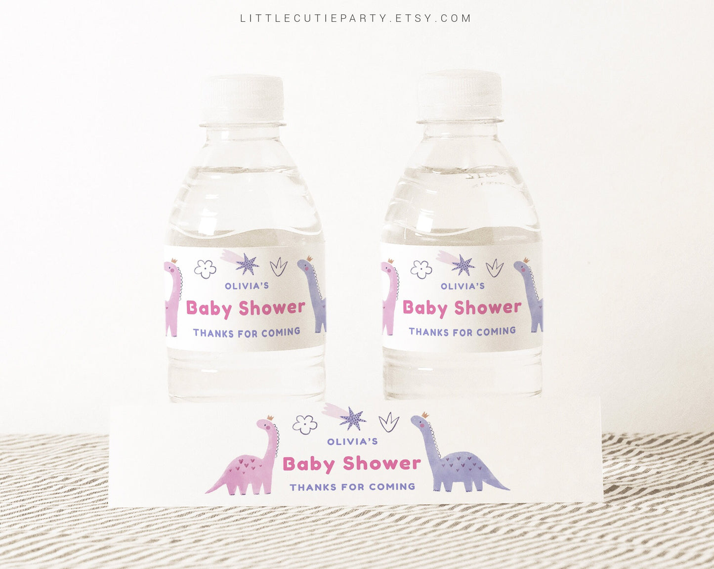 Editable Baby Girl Dinosaur Water Bottle Labels, Baby Dino Bottle Labels, Baby Shower Party Decorations DINOGBS001