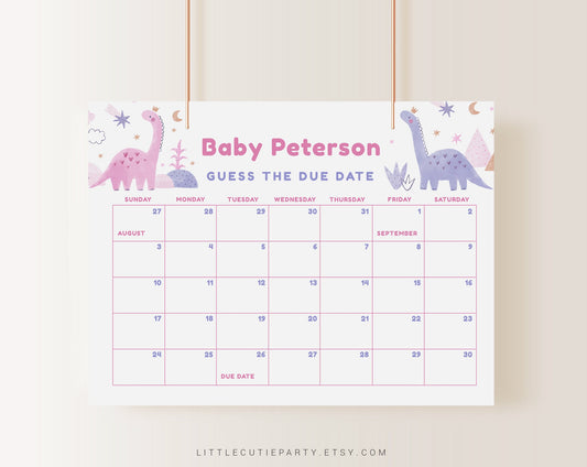 Editable Girl Dinosaur Baby Shower Due Date, Dinosaur Baby Shower Games, Due Date Calendar for Baby Girl Dinosaur Party DINOGBS001