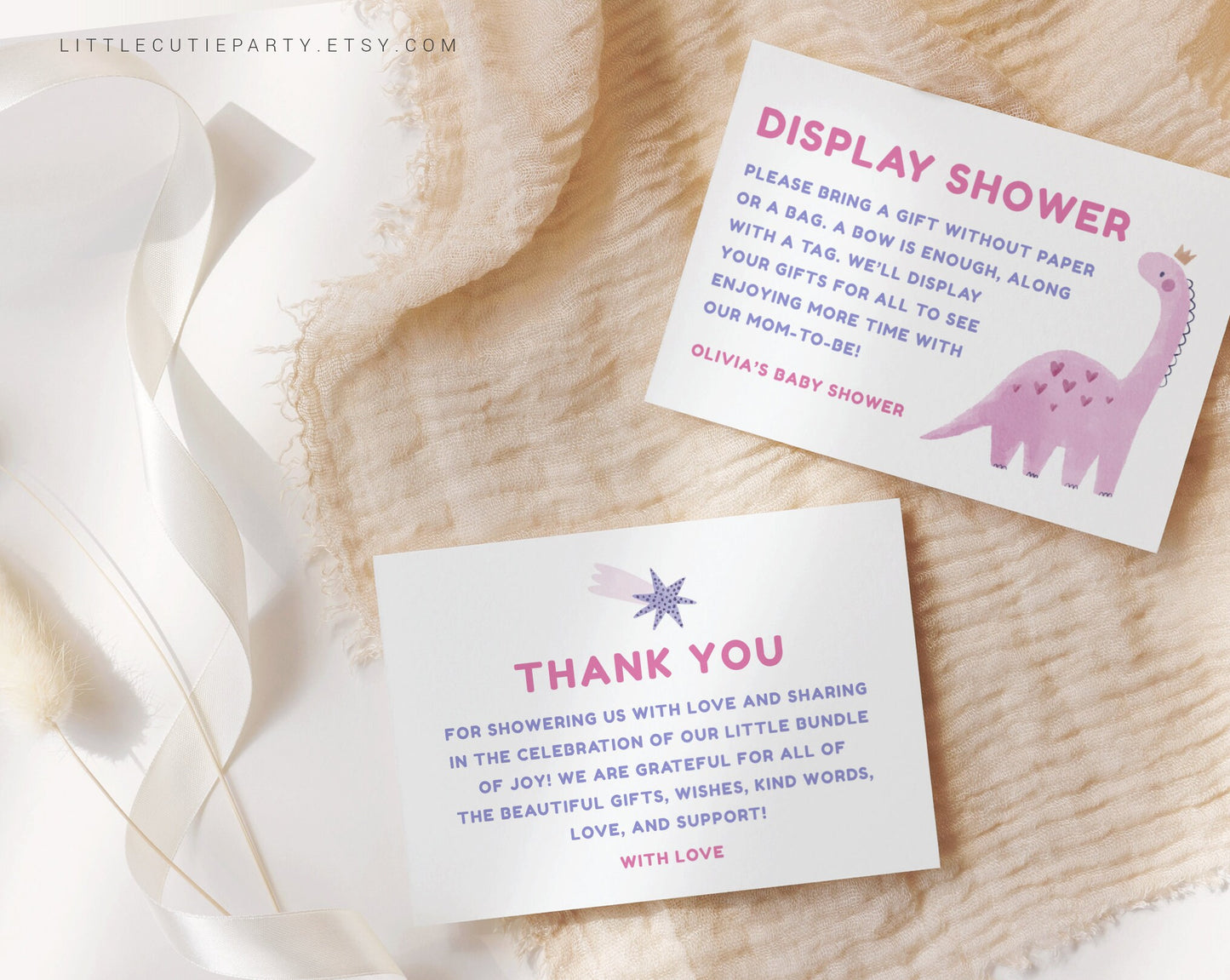 Editable Dino Baby Girl Thank you Card, Baby Shower Display Card for Pink Dinosaur Baby Shower Party DINOGBS001