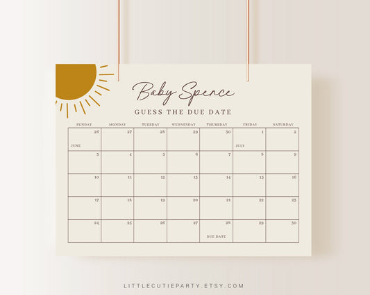Editable Boho Sun Baby Shower Due Date, Sunshine Baby Shower Games, Due Date Calendar for Baby Shower Party SUNBS001