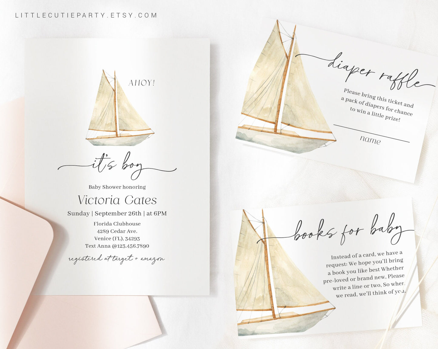 Editable Sailboat Invitation, Nautical Baby Shower Invite with Diaper Raffle, Books for Baby and Gift Tag, Nautical Baby Theme NAUBS003