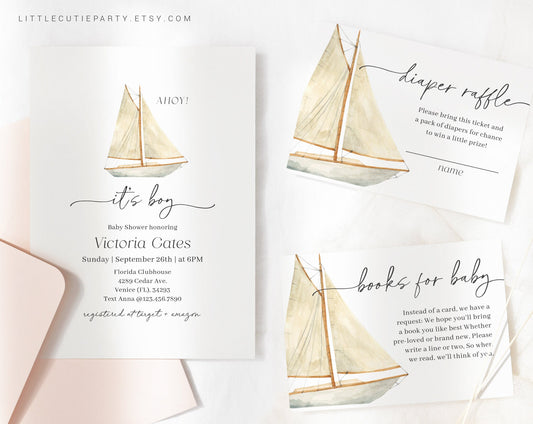 Editable Sailboat Invitation, Nautical Baby Shower Invite with Diaper Raffle, Books for Baby and Gift Tag, Nautical Baby Theme NAUBS003