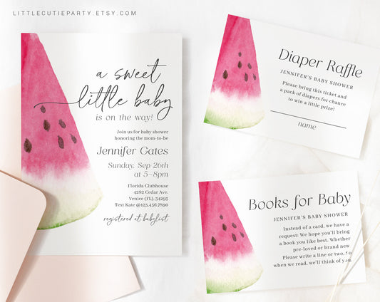 Editable Watermelon Baby Shower Invitation, Melon Baby Shower with Diaper Raffle, Books for Baby and Gift Tag WTMBS001