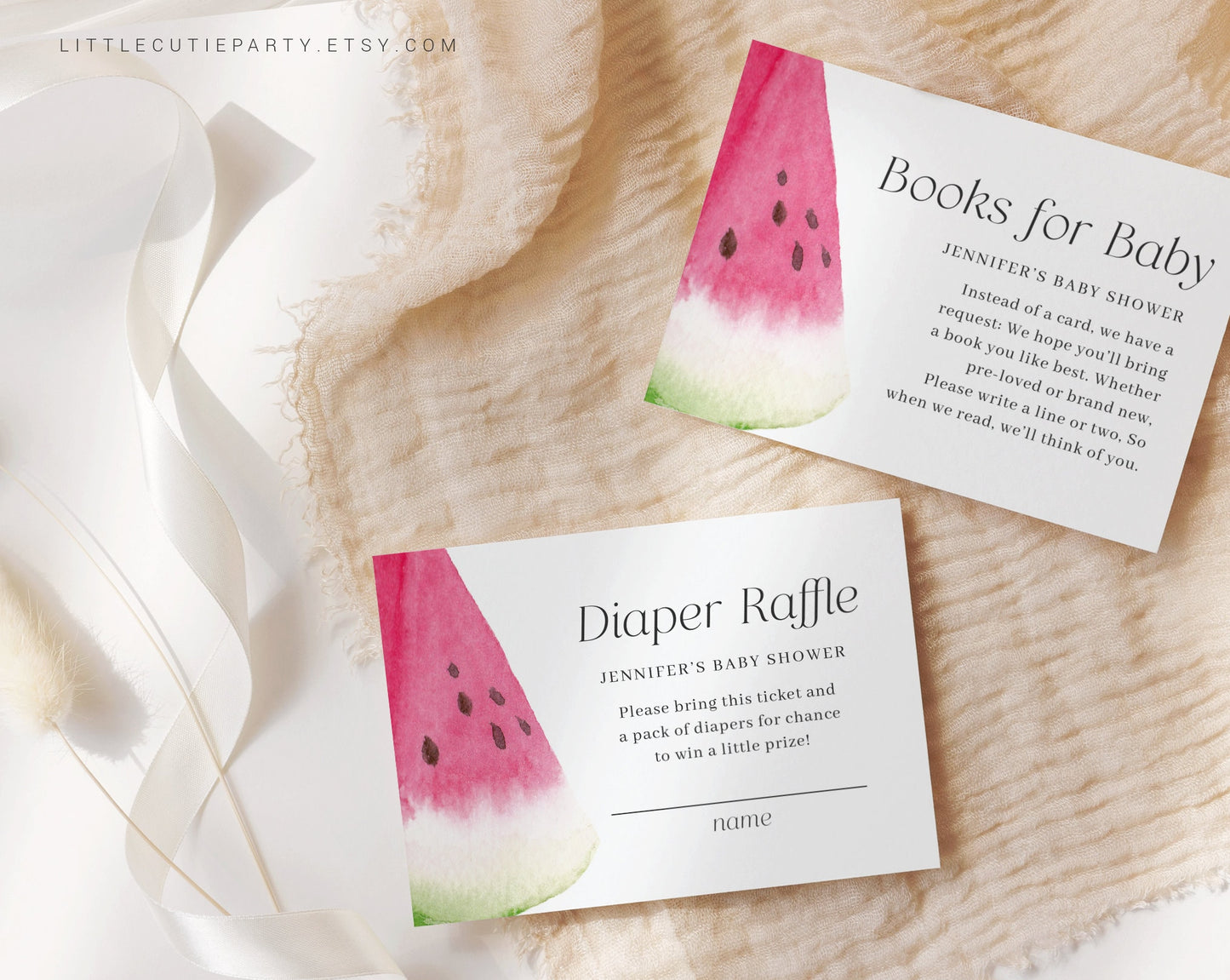 Editable Watermelon Baby Shower Invitation, Melon Baby Shower with Diaper Raffle, Books for Baby and Gift Tag WTMBS001