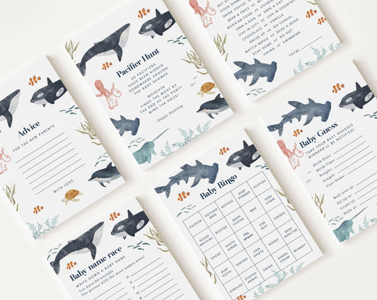 10 Editable Ocean Baby Shower Games, Under the Sea Baby Shower Games, Nautical Baby Shower Game Bundle, Sea and Ocean Theme OCENBS002
