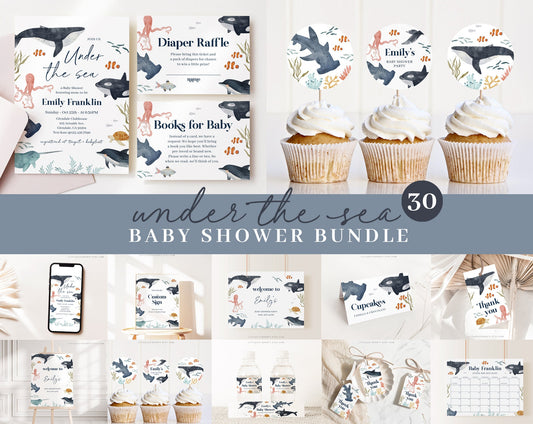 Editable Ocean Baby Shower Bundle, Under the Sea Baby Shower Decorations, with Games Bundle and All Decorations OCENBS002
