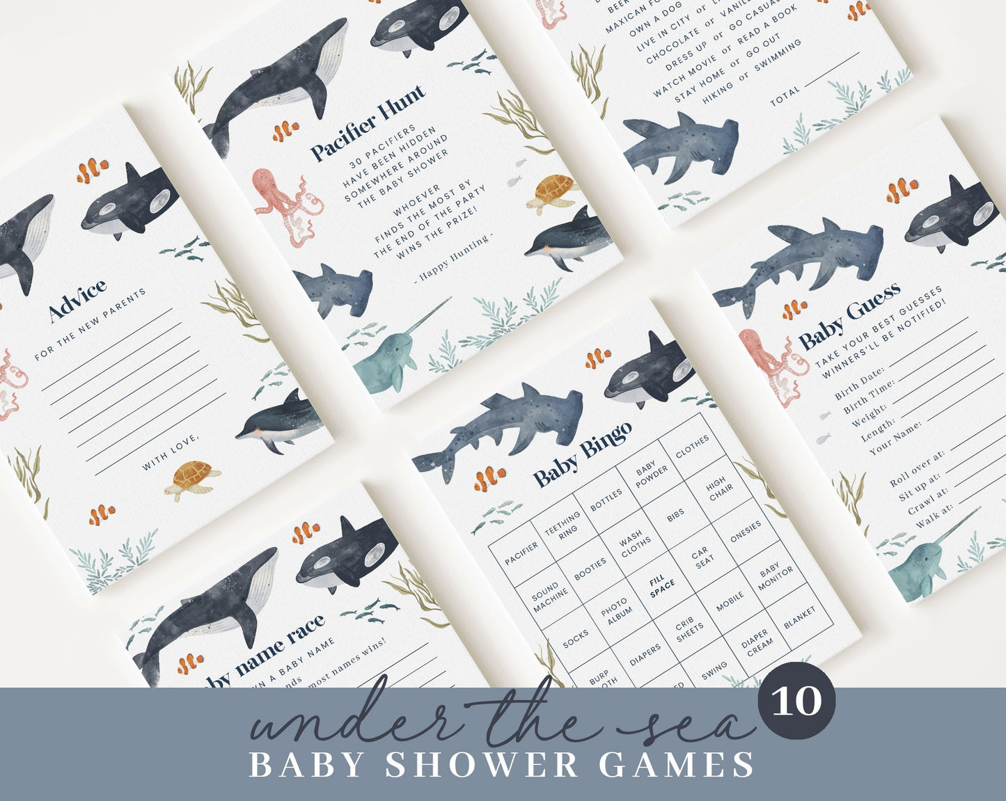 Editable Ocean Baby Shower Bundle, Under the Sea Baby Shower Decorations, with Games Bundle and All Decorations OCENBS002