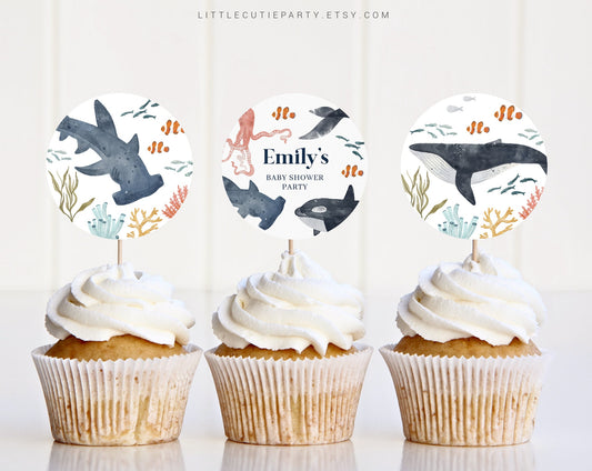 Editable Under the Sea Baby Shower Cupcake Toppers, Ocean Cake Topper for Party Decorations OCENBS002