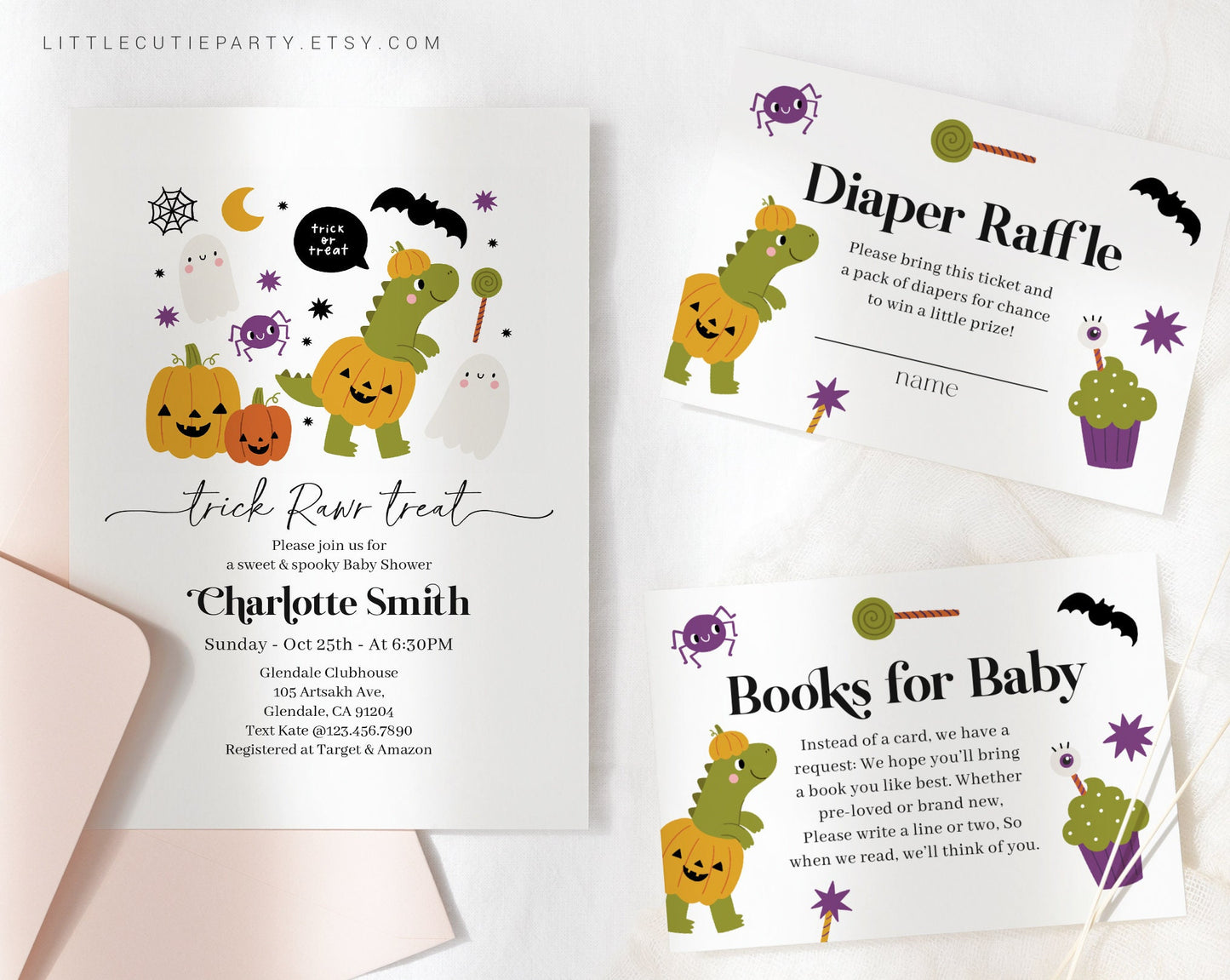 Editable Dino Halloween Baby Shower Invitation, Halloween Babyshower with Diaper Raffle, Books for Baby and Gift Tag HLWBS001