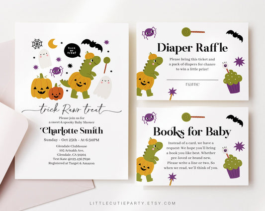 Editable Dino Halloween Baby Shower Invitation, Halloween Babyshower with Diaper Raffle, Books for Baby and Gift Tag HLWBS001