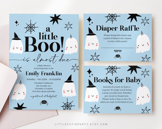 Editable Little Boo is Almost Due Invitation, Halloween Baby Shower Invitation Girl, Ghost and Spooky Baby Shower Party HAWBS003