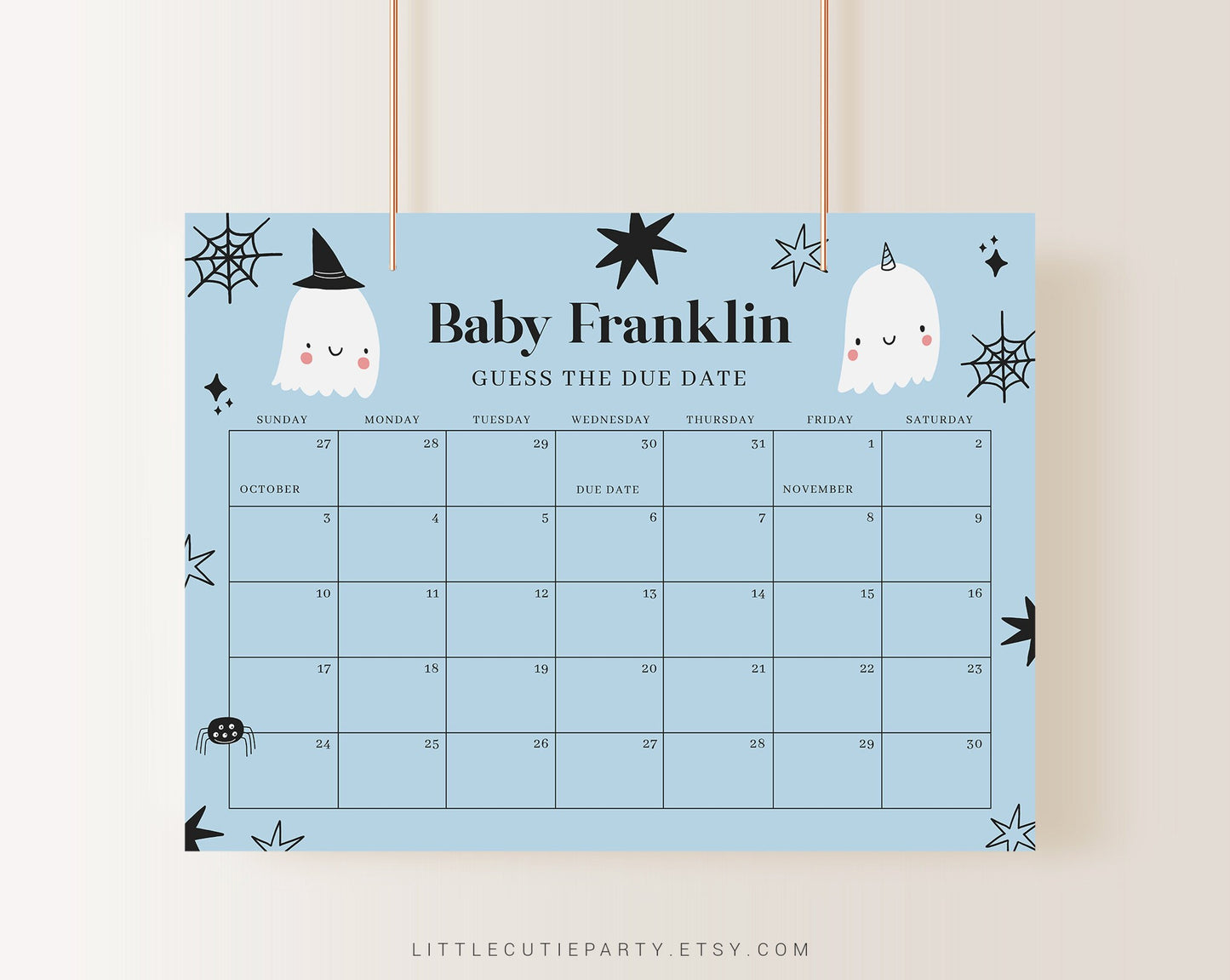 Editable Little Boo is Almost Due Baby Shower, Due Date Calendar Game, Baby Shower Due Date Calendar for Halloween Party HAWBS003