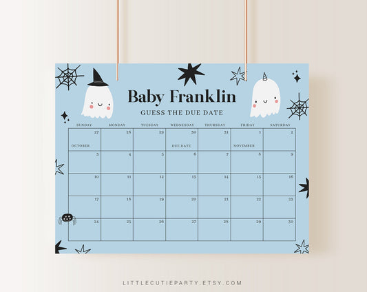 Editable Little Boo is Almost Due Baby Shower, Due Date Calendar Game, Baby Shower Due Date Calendar for Halloween Party HAWBS003