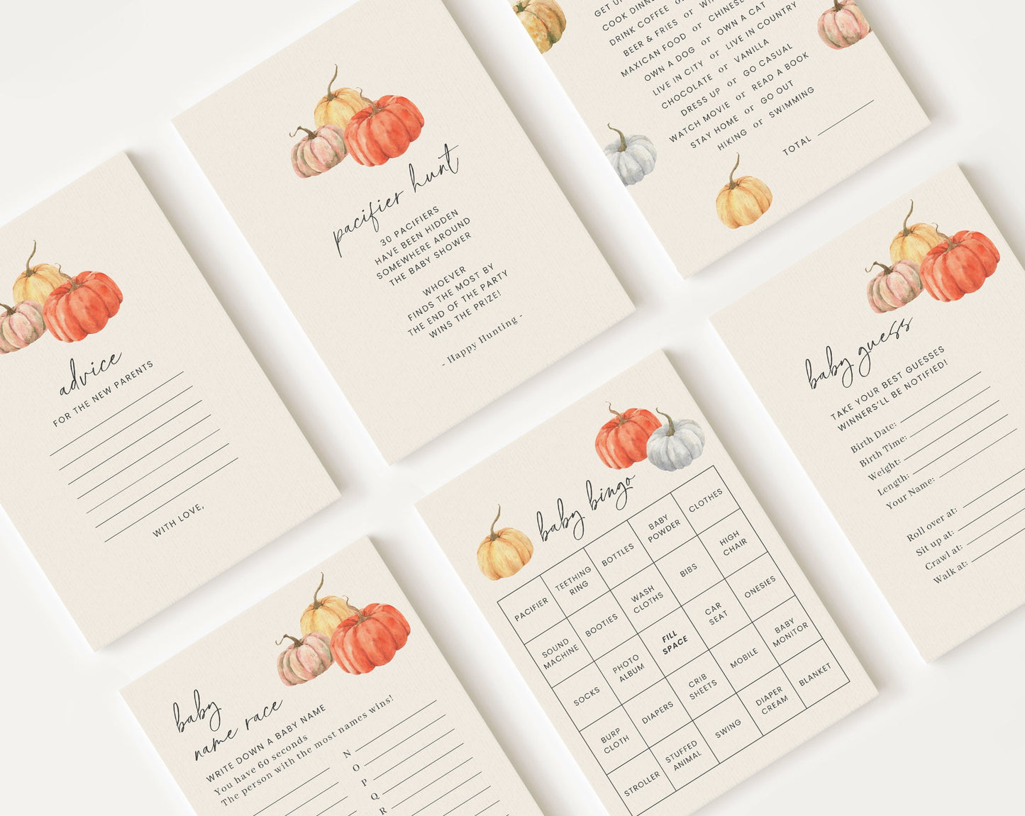 10 Editable Little Pumpkin Baby Shower Games, Baby Shower Games Bundle, Gender Neutral Party Games PMKBS001