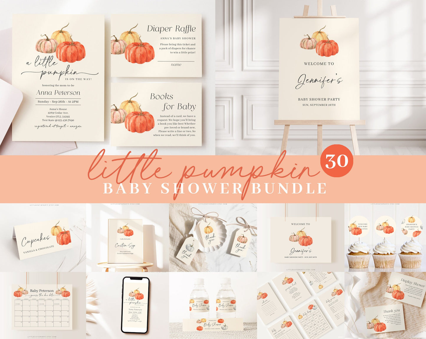 Editable Little Pumpkin Baby Shower Bundle, Pumpkin Baby Shower Invitation Bundle, with Games Bundle and All Decorations PMKBS001