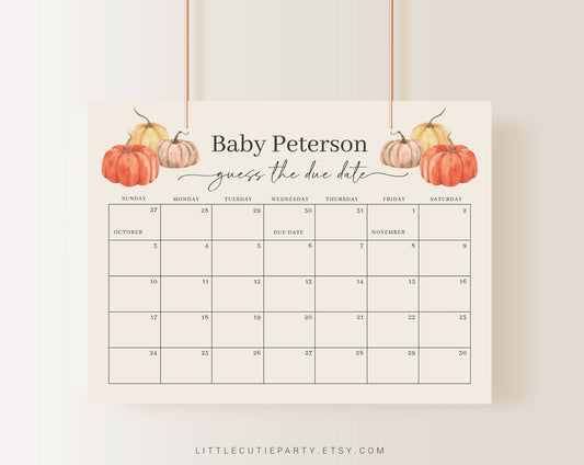 Editable Little Pumpkin Baby Shower Due Date, Duck Baby Calendar Game, Due Date Calendar for Pumpkin Party PMKBS001