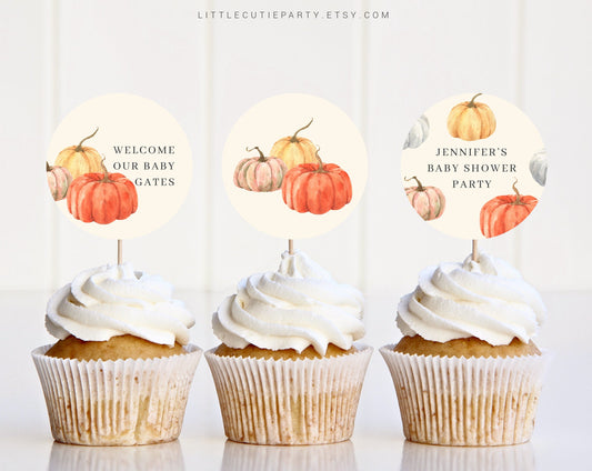 Editable Little Pumpkin Cupcake Toppers, Sweet little Pumpkin Cake Topper for Party Decorations PMKBS001