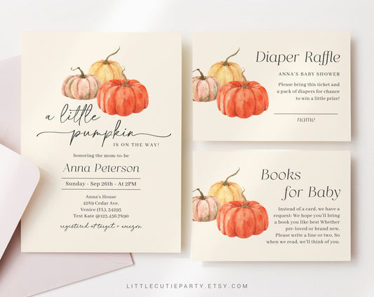 Editable Little Pumpkin Baby Shower Invitation Set, Fall Autumn Pumpkin Baby Shower Invite, Pumpkin Baby Invite Set PMKBS001