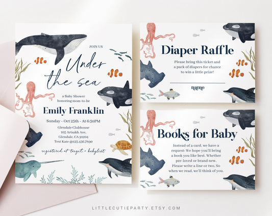 Editable Ocean Baby Shower, Under the Sea Baby Shower, with Diaper Raffle, Books for Baby and Gift Tag OCENBS002
